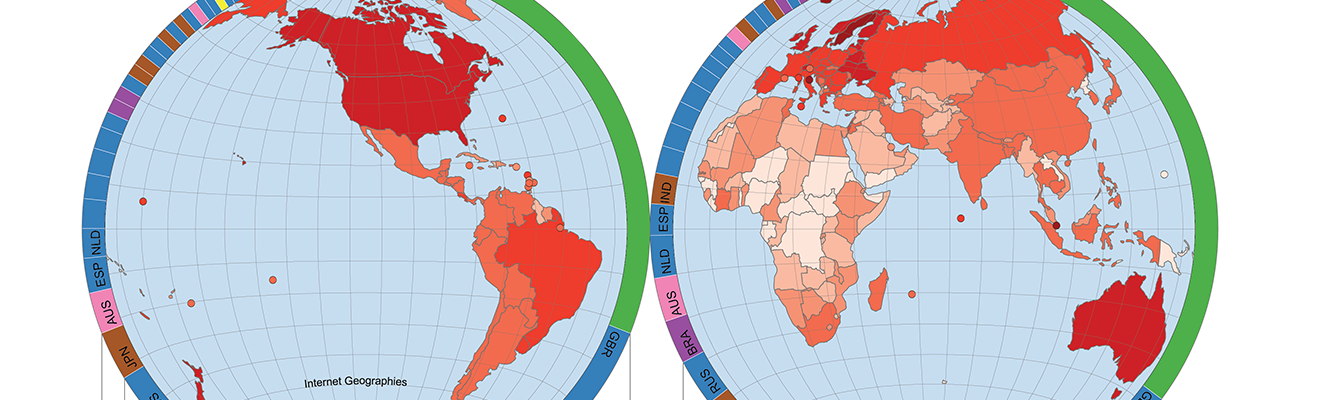 Hemispheres depicting the total number of GitHub users (left) and commits (right) per country.